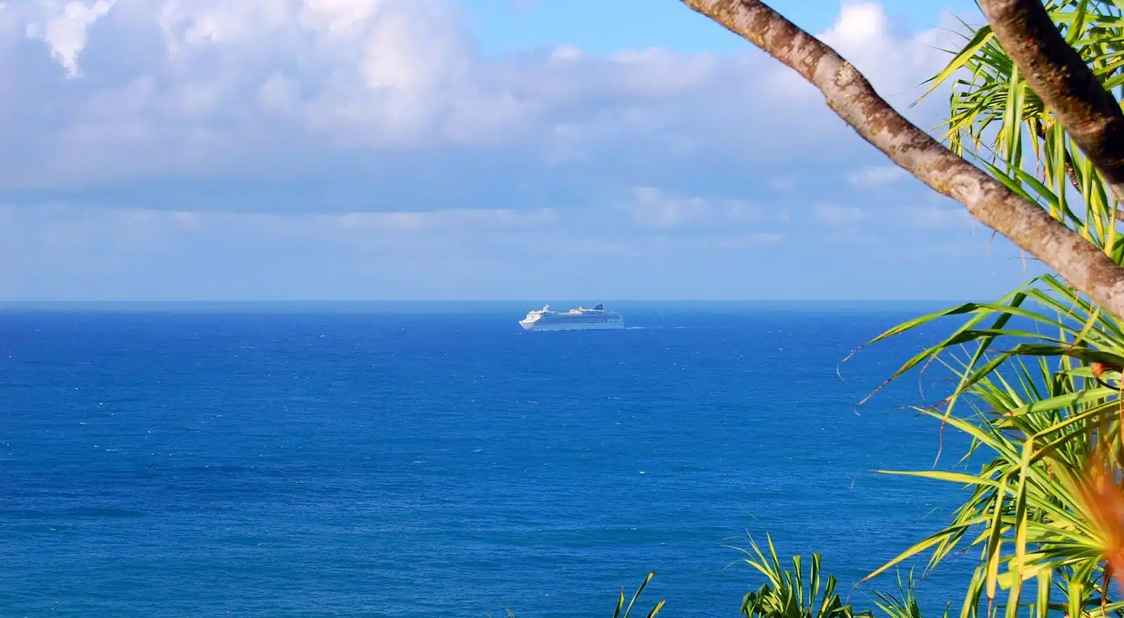 Distant shot of cruise ship off of Kauai, Hawaii