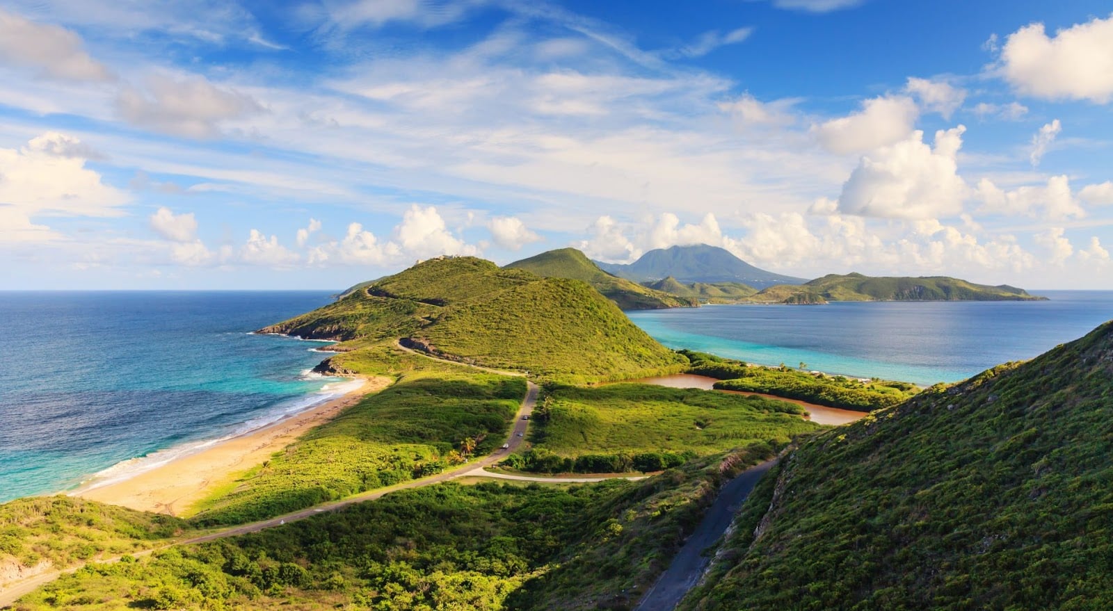 A panoramic view of St. Kitts with the Atlantic Ocean to the left and the Caribbean Ocean to the right