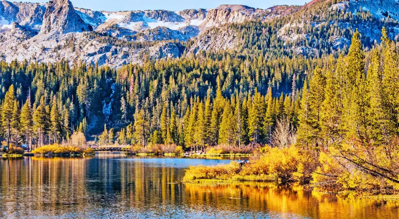 mammoth mary lake surrounded by vivid fall colors