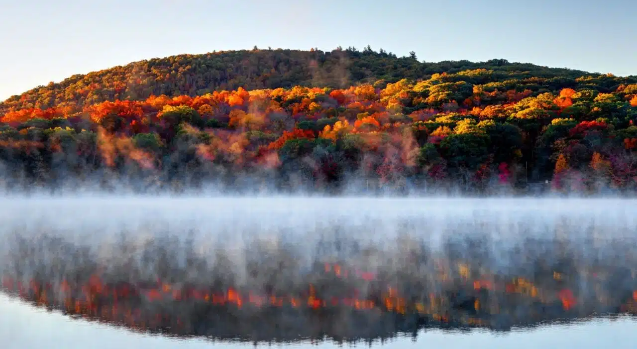 autumn mist on a small pond in the litchfield hills of connecticut
