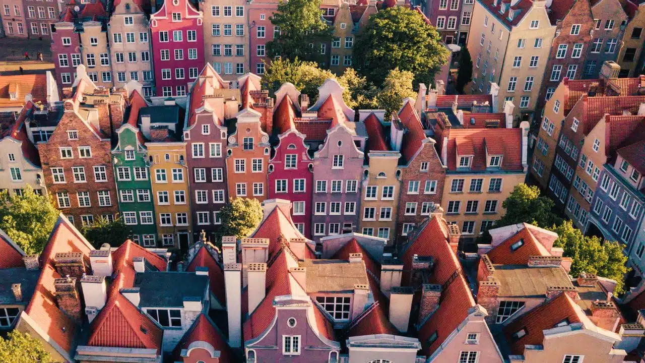 Aerial view of colorful buildings in Gdansk, Poland