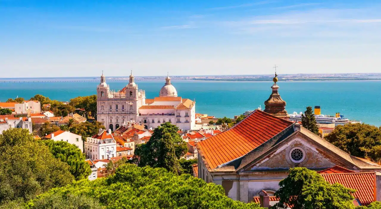 Panorama over rooftops of old traditional neighborhood in Lisbon