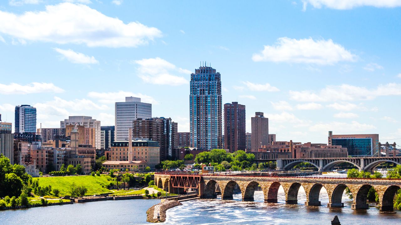 Aerial shot of Minneapolis, Minnesota skyline with bridge in view