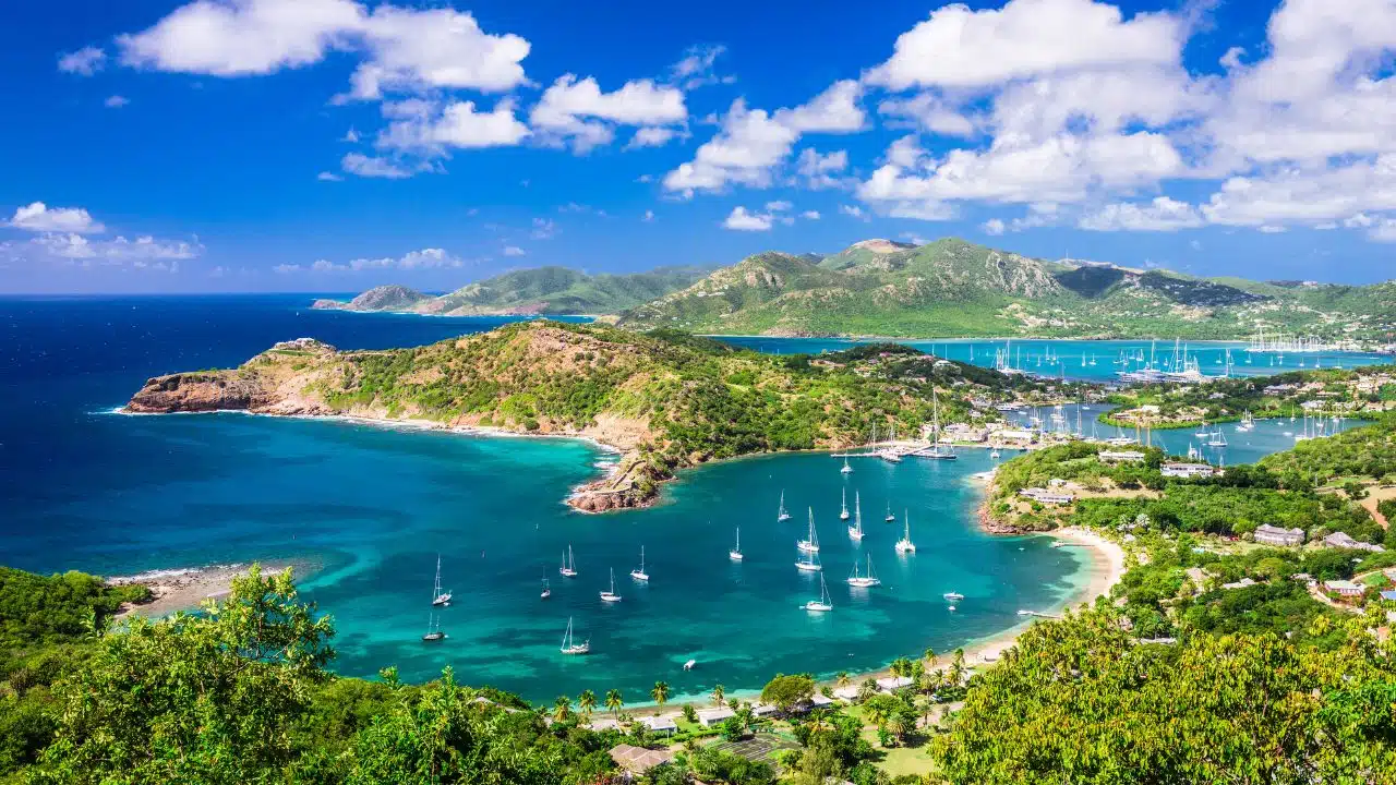 Panoramic view of English Harbor from Shirley Heights Lookout, Antigua and Barbuda
