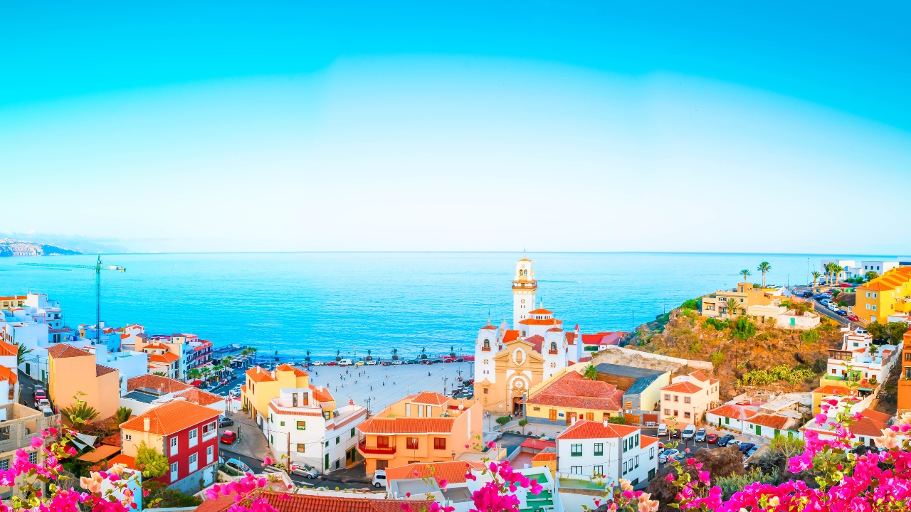 Wide panorama of colorful Candelaria town in Tenerife, Islas Canarias, Spain